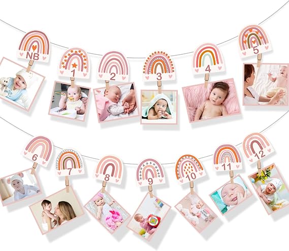 Laumoi Boho 1st Birthday Rainbow Photo Banner for Baby from Newborn to 12 Months Bohemian Baby Monthly Milestone Photo Banner Pink Garland for Birthday Party Supplies Booth Props Decor
