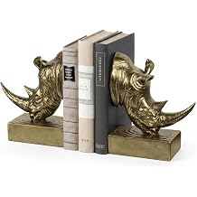 Rhino Head Bookends, Sculptural Rhinoceros Book Ends for Shelves Office Desk, Heavy Decorative Animal Bookends, Home Office Library Decor (Gold)