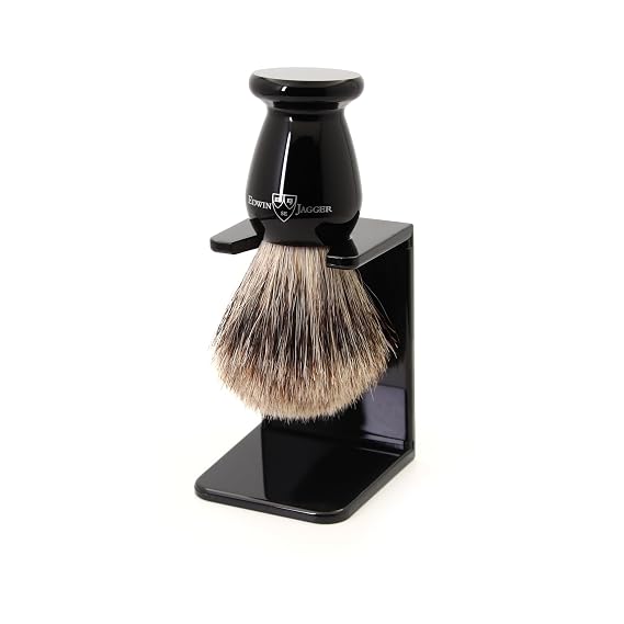 Edwin Jagger 1EJ946SDS Classic Best Badger Hair Exfoliating Shaving Brush with Stand for Shaving Cream or Shaving Soap for Men and Women (Imitation Ebony)