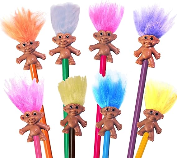 Pack 8 Mini Troll Pencil Toppers with Hair, Vintage Troll Pencil Topper
