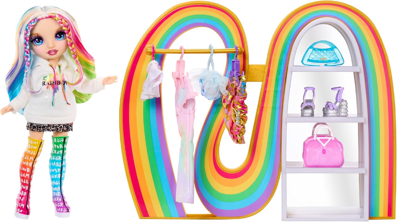 Rainbow High Amaya Rainbow Closet Playset  Exclusive Rainbow Doll, Bonus Fashion & Shoes, Wallet, Hanger, Garment Rack, Shelf, Kids Gift for Ages 4