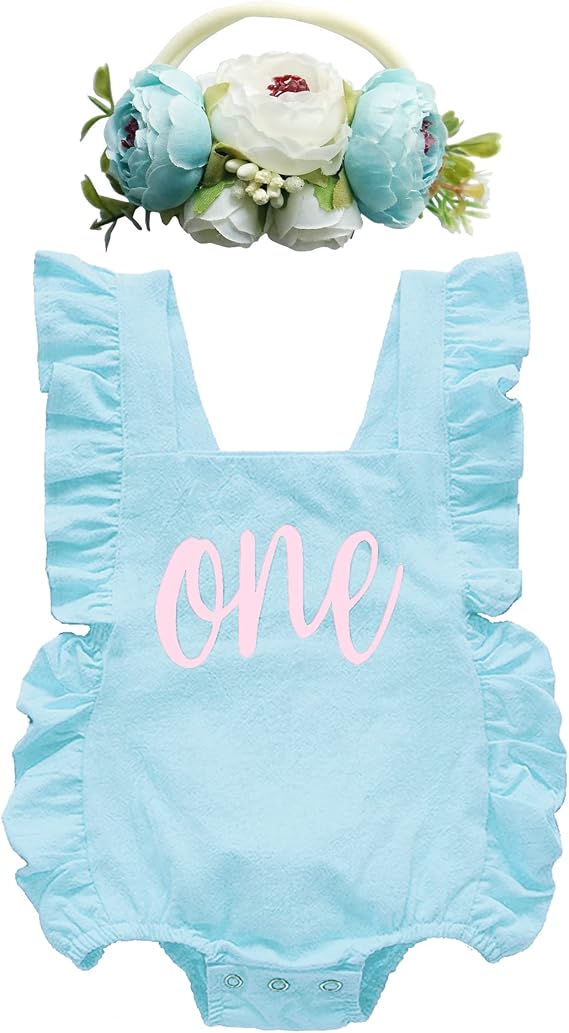 BGFKS Ruffle Sleeve Romper for Baby Girl, Toddler Girls 1st Birthday Bodysuit with Flower Headband.