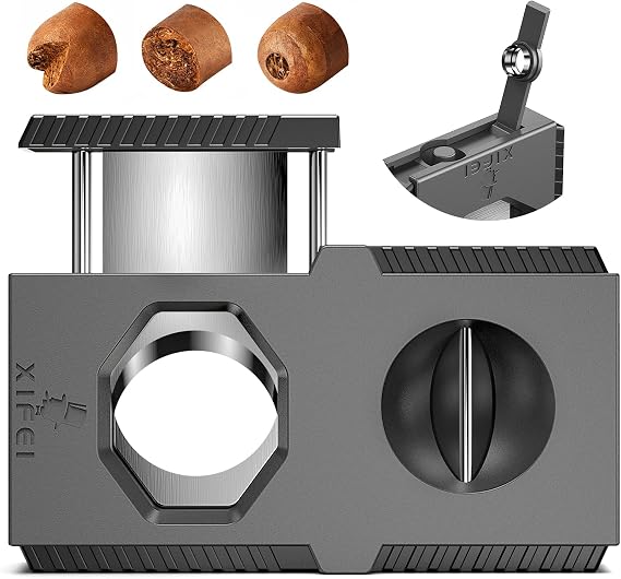 XIFEI Cigar Cutter V-Cut Guillotine 3 in 1 Straight Cut V Cutter with Cigar Punch Stainless Steel Blade Ergonomic Design Secure-Lock Cigar Clipper,Cuts Up to 60 Ring Gauge Cigars (Black)