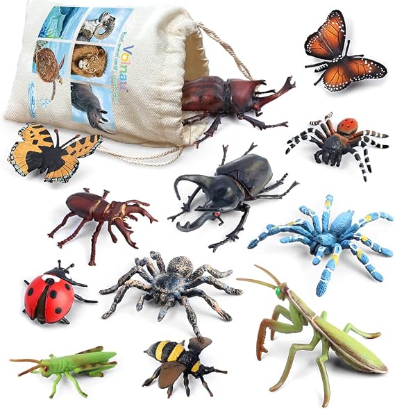 Volnau Bug Toys Figurines 12PCS Insect Animal Figures for Kids Toddlers Christmas Decoration Gift Educational Bee Beetle Mantis Spider Ladybug Butterfly Plastic Model