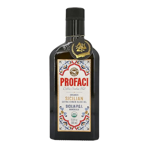 Profaci Sicilian Organic Extra Virgin Olive Oil, 500mL / 16.9 Fl Oz, 100% Biancolilla Olives, Cold-Pressed Italian EVOO, Single-Origin, Light & Fruity, High Polyphenol