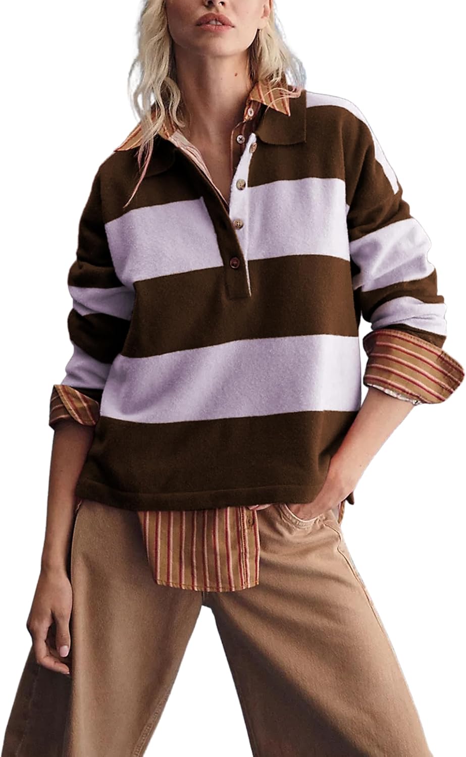 Omoone Cute Striped Polo Sweater Women Fall Lapel V Neck Colorblock Knit Tops Winter Long Sleeve Pullover Jumper