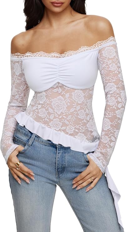 REORIA Lace Tops for Women Off Shoulder Lace Trim Crop Tops Ruffle Hem Long Sleeve Tops