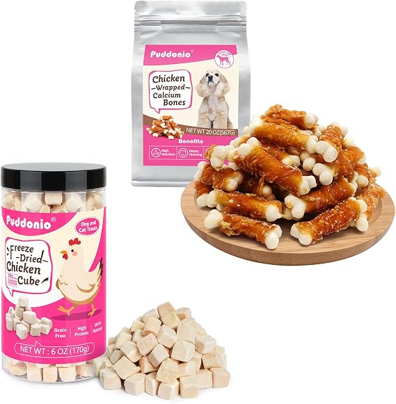 Chicken Freeze Dried Pets Raw Treats 6oz & Chicken Wrapped Calcium Bones Dog Treats 20 oz