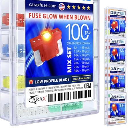 CARAX Glow Fuse Premium Fuse LOW Profile Mini Micro Blade 100 pcs. Assortment Kit Glow When Blown LED Automotive Fuse Smart Auto Glow Fuse Easy Identification Mix 100 pcs.