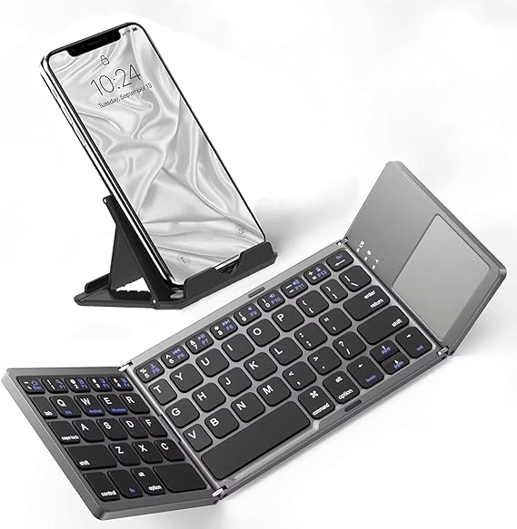 Slim Foldable Wireless Keyboard Compatible with Samsung Galaxy Xcover Pro with TOUCHPAD Mouse Fully Universal Providing 48H Use, 560 Days Standby, Portable, Compact, Tri-Fold, Rechargeable!