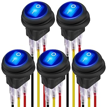 DaierTek 12V Waterproof Round Rocker Switch Blue LED Lighted [UL Listed] ON Off 3 Pin 12 Volt 20A Weatherproof Illuminated Toggle for Marine Car RV Truck -5Pack
