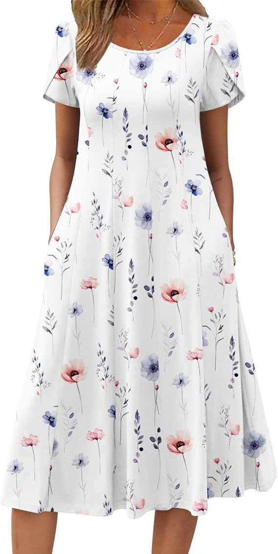 ZEAGOO Womens Casual Dresses for Summer Short Sleeve Flare Midi Dress Loose Flowy Beach Sundress