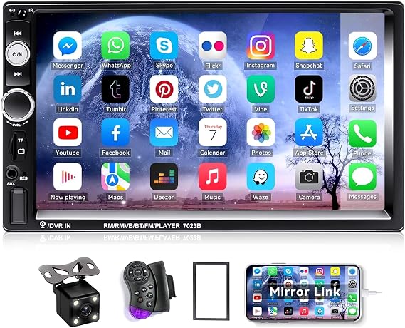 CAMECHO 7" Double Din Car Stereo Audio Bluetooth MP5 Player USB FM Multimedia Radio+ 4 LED Mini Backup Camera with Steering Wheel Remote Support Mobile Phone Synchronization (Used in Android/iOS)