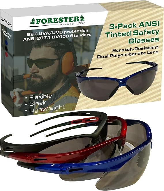 FORESTER 3 Pack ANSI Z87.1 Tinted Safety Glasses for Men and Women, UV Protection, Scratch-Resistant, Clear Safety Glasses