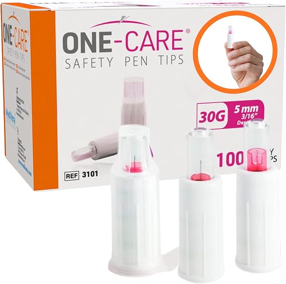 ONE-CARE Safety Pen Tips 30G x 5mm (3/16), Automatic Shield Design, Universal Twist-On Fit for Most Pen Devices, Individually Sealed, Box of 100