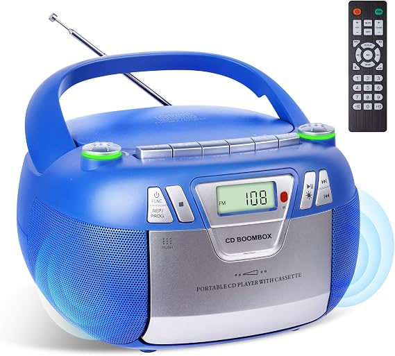 Boombox CD Player with Bluetooth and Cassette Player | Portable AM/FM Radio, MP3/USB/AUX Input, Stereo Sound System with Recorder, AC & Battery Powered for Home & Outdoor