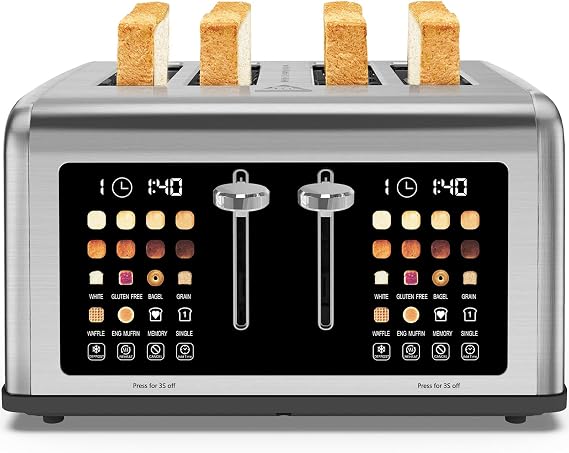 4 Slice Toaster Touch Screen, Stainless Steel Toasters Digital Timer, Dual Control Panel Toasters, 8 Shade Settings 6 Bread Types for Bagel, Cancel, Defrost 1650W Silver