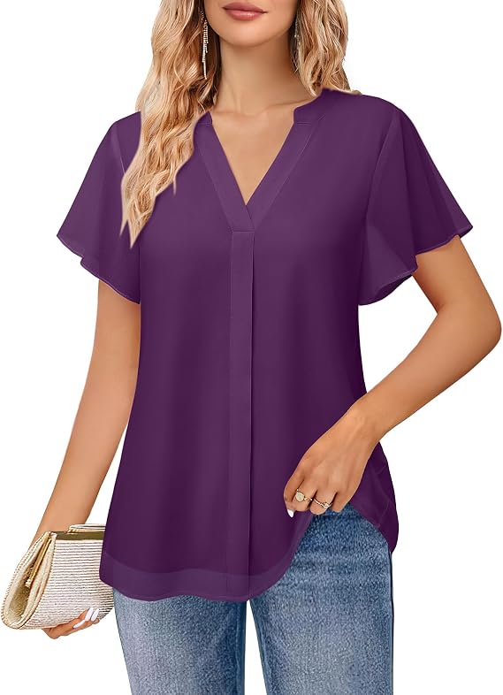 Bebonnie Womens Short Sleeve V Neck Double Layers Chiffon Blouses Dressy Casual Tunic Tops