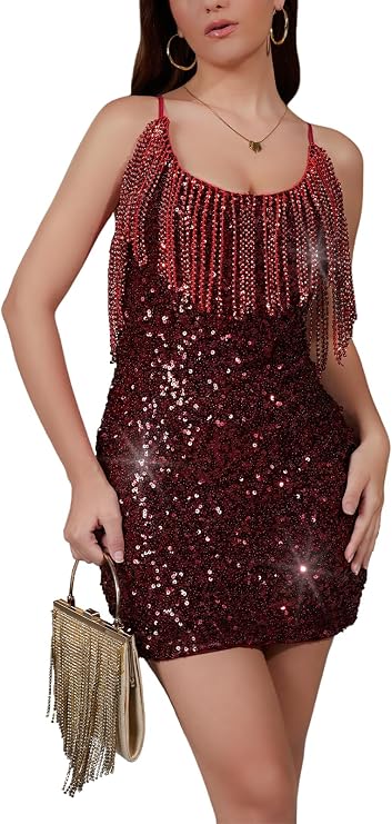 Women's Sparkling Sequin Fringe Mini Dress Party Clubwear Sleeveless Spaghetti Strap Bodycon Dress