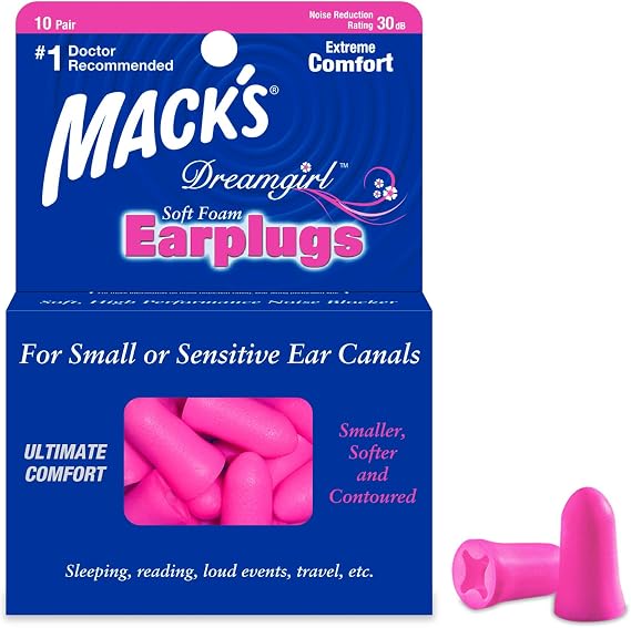 Mack's Dreamgirl Soft Foam Earplugs, 10 Pair, Pink - 30dB NRR, 33dB SNR - Small Ear Plugs for Sleeping, Snoring, Studying, Loud Events, Traveling & Concert