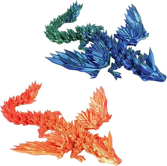 2 Pack 3D Printed Flying Dragon with Wings 22cm Articulated Dragon Toy 3D Printed Crystal Wing Dragon Bendable and Flexible Fidget Gifts Christmas Easter Birthdays Fun Desk Décor (style B)