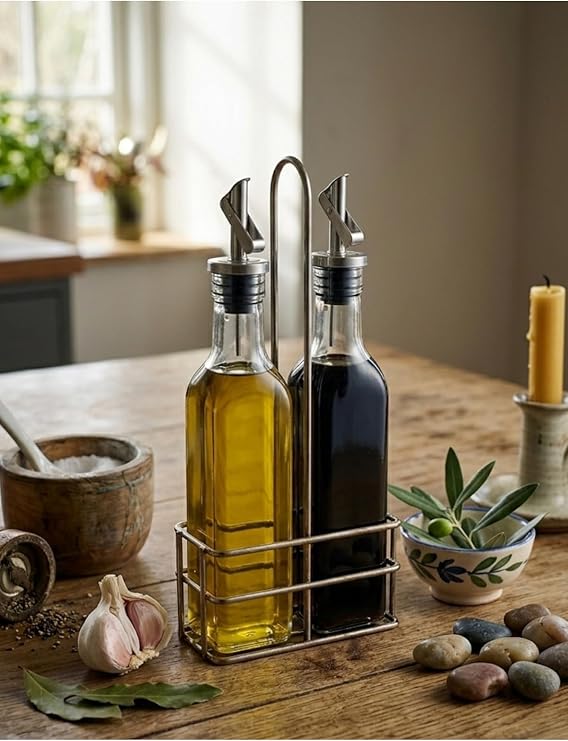Standlı Cam Yağdanlık Sirkelik Seti, Şeffaf ve Metalik Gümüş, Cam ve Metal, 250 ml, Masa Üstü Kullanım için, Kontrollü Döküm Kapaklı, 2'li Set