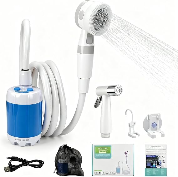 Portable Camping Shower Pump - Rechargeable Outdoor Shower Head Sprayer, Pumps Water from Bucket. Experience Refreshment Anywhere, Perfect for Camping, Hiking, Travel, Car Washing & Pet Cleaning