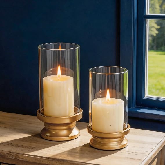 NUPTIO Hurricane Glass Candle Holders for Pillar - Matte Gold - Set of 2