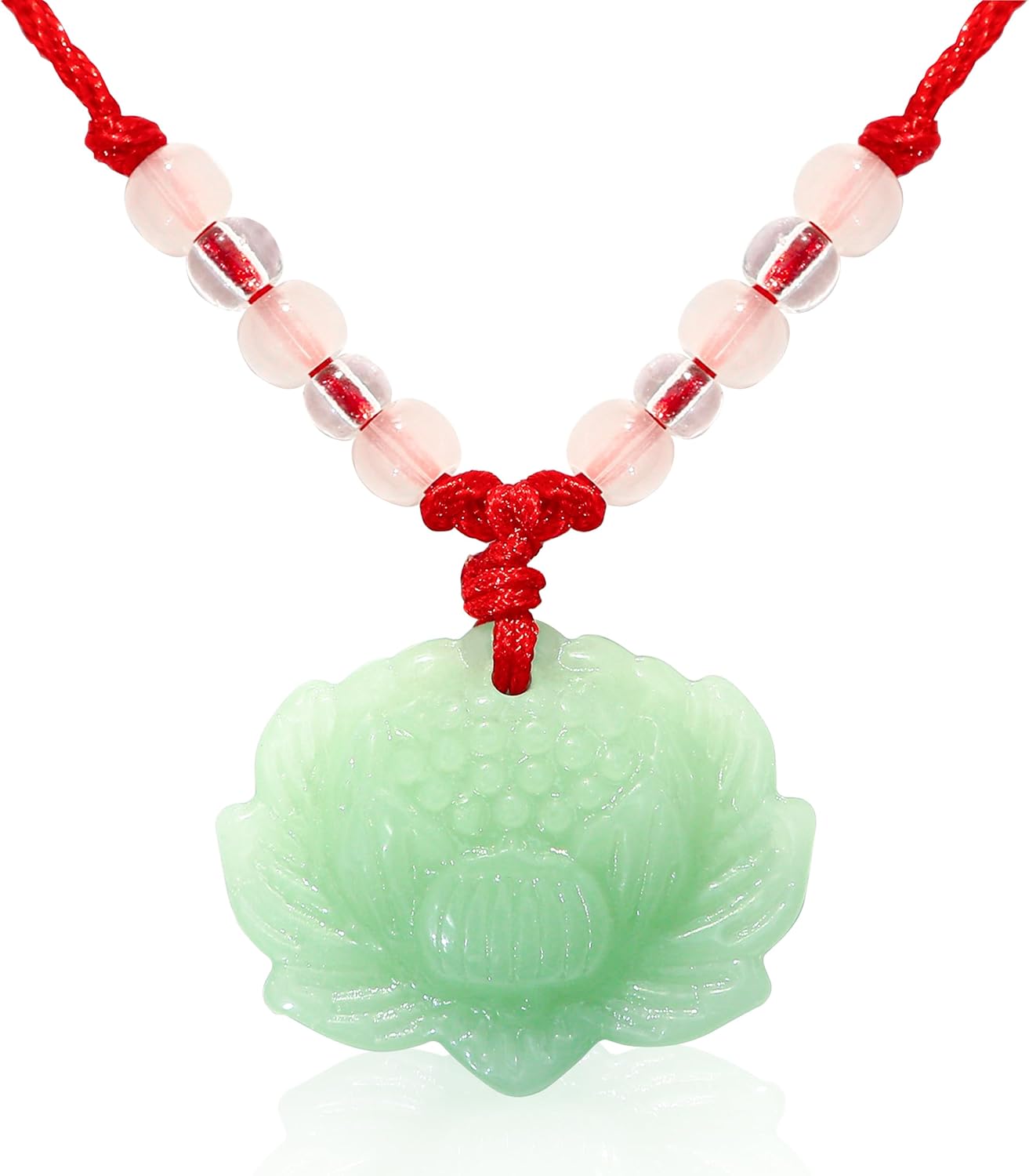 Lotus Pendant Necklace Jade Lucky Charm with Red Cord for Men Women, Fashion Natural Green Amulet Jewelry Gifts 24 Inch Rope