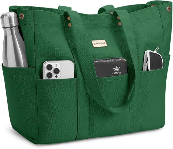 TOPDesign Large Canvas Tote Bag for Women, Shoulder Bag with Laptop Sleeve & Pockets, Everything Tote for Travel, Work (Dark Green)
