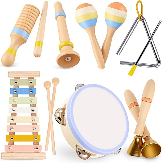 MGparty Montessori Xylophone Musical Instruments, Ages 18 Months and Up | Wooden Music Set with Xylophone, Tambourine, Triangle, Clarinet, Maracas, Hand Bells and Sounder for Ages 18 Months and Up