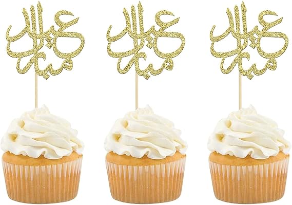 Confetti! 24Pcs Gold Glitter Eid Mubarak Cupcake Toppers Arabic Happy Eid Ramadan Kareem Cake Decorations Islamic Muslim Party Supplies Decorations