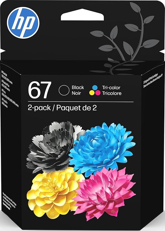 HP 67 Black/Tri-Color Ink Cartridges (2-Pack) | Works with DeskJet 1255, 2700, 4100, Envy 6000, 6400 | Instant Ink Eligible | 3YP29AN | Packaging May Vary