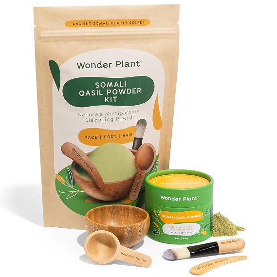 Somali Qasil Powder Kit | Set for Face, Body, Hair | Includes 2oz (60g) Qasil Powder, Mini Bamboo Bowl, Brush, Spoon & Scraper