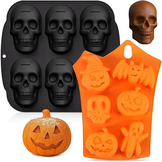 Halloween Skull Cake Pan & Pumpkin Silicone Molds Set 6 Cavity 3D Skull Baking Pan + 6 Halloween Shape Silicone Molds (Pumpkin, Ghost, Bat) for Cakes, Chocolate, Candy, DIY Party Baking