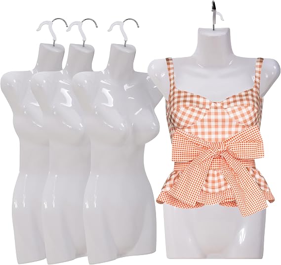 4PCS Sewing Mannequin Polypropylene (PP) Retail Mannequin Torso Sewing Manikin Hanging Type Mannequin Clothing Form Display Mannequin with Metal Hook (White, 27Inch)