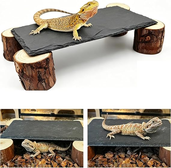 TourKing Basking Platform with Slate Rock & Natural Wood Pile, Bearded Dragon Tank Accessories with Hide Cave for Leopard Gecko, Ball Python, Tortoise, Reptile Climbing Rock for Vivarium