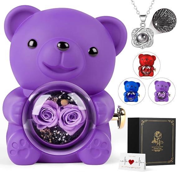 Rose Bear Teddy with Necklace Gift Box for Girlfriend, Cute Forever Flower Bear Preserved Rose Romantic Gift for Her, Valentines Bear Eternal Rose Flower Bear Anniversary Decoration for Woman, Purple