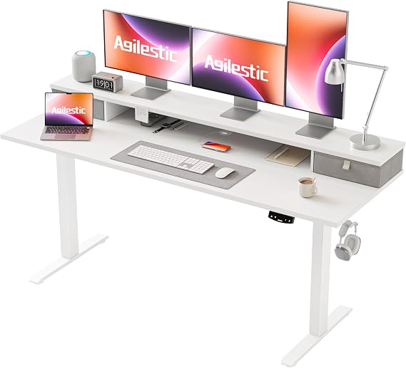 Agilestic Electric Adjustable Height Desk, with 2 Fabric Drawers, 160x60cm | 72-116cm Height, Stable Sit-Stand Standing Desk w. 2 Memory Buttons, Computer Desk for Home Office, 2 pcs Desktops, White