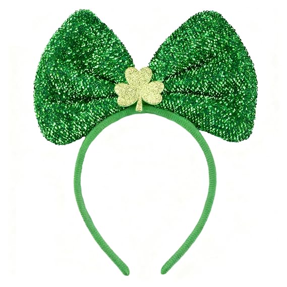 Green Glitter Bow Headband for Adults, Shamrock Holiday Hair Accessory