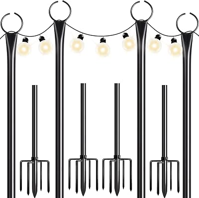 Walensee 4 Pack String Light Poles with Hook, 9.4FT Outdoor Metal Lighting Pole for Hanging String Lights,Garden Patio Decor,5-Prong Fork Steel Stand Holder for Holiday,Wedding,Easter,Party,Backyard