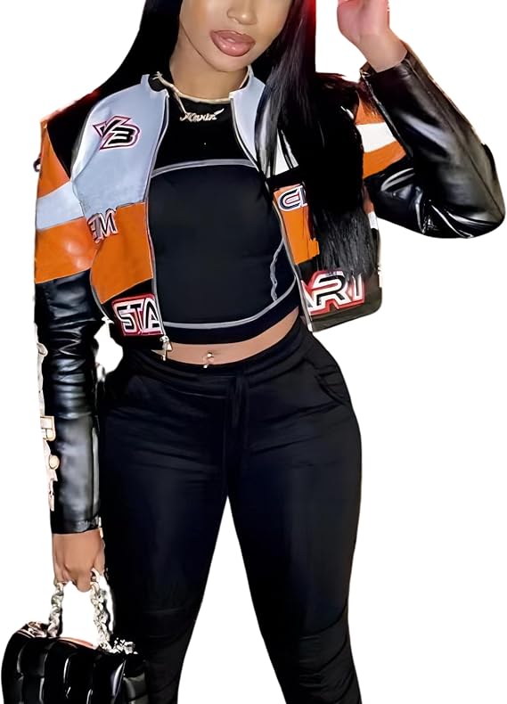 VOIKERDR Leather Jacket Women Zipper Moto Biker Short Leather Jacket Women Bomber Jacket Women Faux Leather Jacket