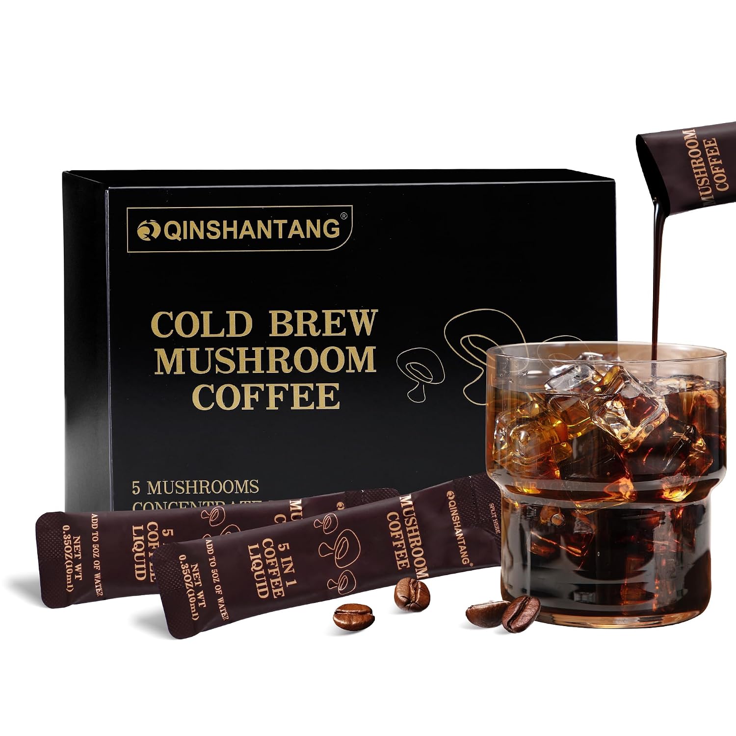 Cold Brew Mushroom Coffee, 15 Packets, Coffee Concentrate Liquid with 5 Adaptogenic Mushrooms, 100% Arabica Bean Extract for Immunity - Sugar Free, Keto, Vegan