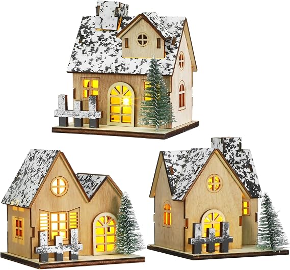 Toyvian 3 Pcs Christmas Village Houses Decor: Small Glowing Wooden Houses Set with Lights Christmas Table Centerpieces - Holiday Desktop Cabin Ornament for Xmas Town Landscape Decor