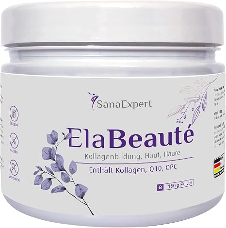 SanaExpert® ElaBeauté Collagen Powder (Fish Collagen Hydrolysate) - With Vitamin C Biotin Zinc Q10 - Beauty Drink for Skin Hair & Nails - Cherry Flavour 150g