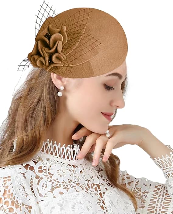 ORIDOOR British Style Pillbox Hat Women Church Wedding Winter Vintage Fascinator Beret 100% Wool Felt Hat with Veil