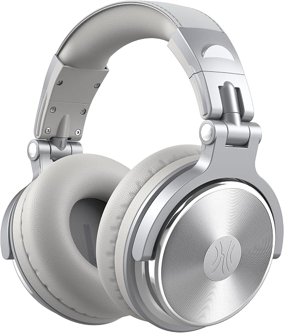 OneOdio Over Ear Headphone, Wired Bass Headsets with 50mm Driver, Foldable Lightweight Headphones with Share Port and Mic for Recording Monitoring Mixing Podcast Guitar PC TV (Silver)