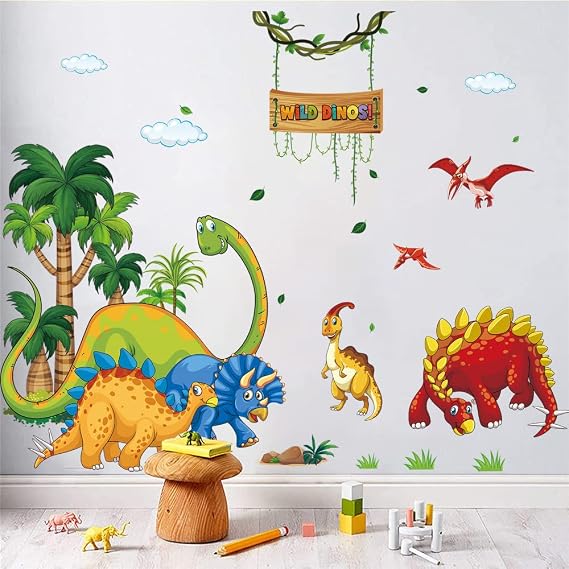 Supzone Cartoon Dino Wall Decal - Wild Tree & Dinosaur Wall Art Sticker for Boy's Room, Kids, Baby Nursery, Playroom, Living Room Decor