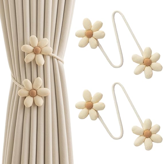 Bendable Curtain Tiebacks, Rope Tie Backs Curtains with Floral Design, 2Pack Elegant DIY Curtain Holdbacks, Decorative Window Holder for Bedroom Decor, Beige