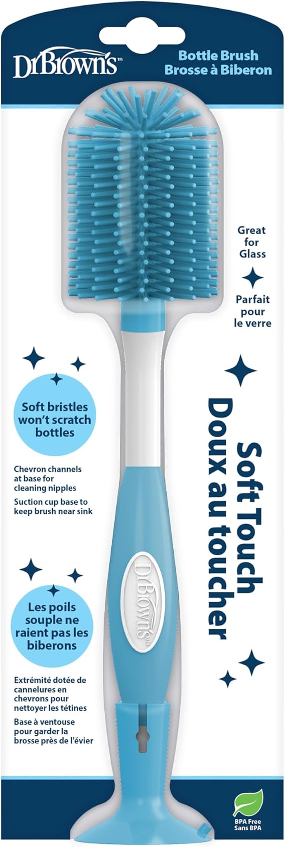 Dr. Brown's Soft Touch No Scratch Baby Bottle Cleaning Brush Nipple Cleaner with Stand and Storage Clip, BPA Free, Blue 1-Pack